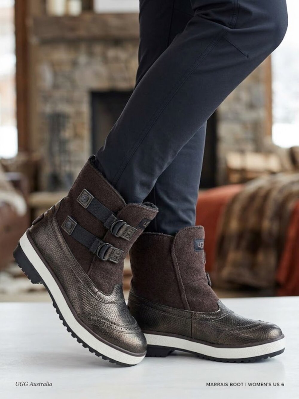 UGG Australia Marrais Embossed Bronze Leather Fleece Wool Winter Boots Sz 6 NEW